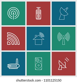 Wireless icon. collection of 9 wireless outline icons such as signal, router, satellite, remote control, signal tower. editable wireless icons for web and mobile.