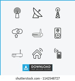 Wireless icon. collection of 9 wireless outline icons such as signal tower, satellite, signal, download cloud, loudspeaker, phone. editable wireless icons for web and mobile.
