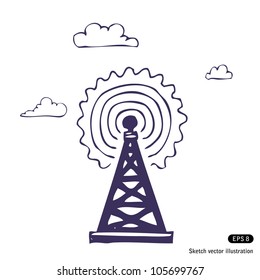 Wireless icon. Hand drawn sketch illustration isolated on white background
