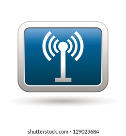 Wireless icon on the blue with silver rectangular button. Vector illustration