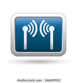 Wireless icon on the blue with silver rectangular button. Vector illustration