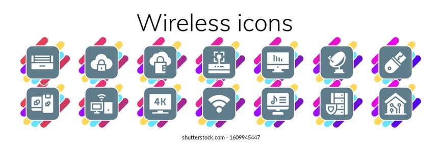 wireless icon set. 14 filled wireless icons.  Simple modern icons such as: Ultraviolet, Computing, Cloud computing, Personal computer, Television, Wifi, Computer, Satellite, Server