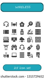wireless icon set. 25 filled wireless icons.  Simple modern icons about  - Headset, Television, Smart house, Wifi, Cloud computing, Tablet, Server, Usb, Satellite dish, Radio