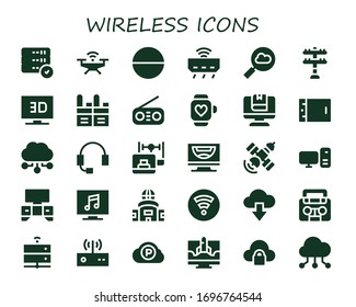 Wireless-Symbol-Set. 30 gefüllte Wireless-Symbole.  Einfache, moderne Symbole wie: Server, Drohne, Tablet, Router, Cloud-Computing, Übertragungsturm, Fernsehen, Walkie-Talkie, Radio