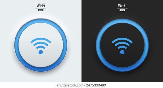 Wireless icon. A set of black and white buttons have blue neon lights with wireless symbols. 3D icon in trendy neumorphic style for apps, websites, interfaces. UI UX elements. Vector illustration.