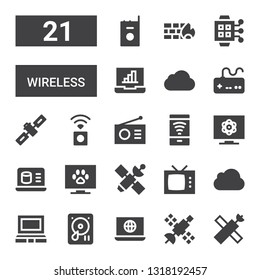 wireless icon set. Collection of 21 filled wireless icons included Satellite, Laptop, Hard drive, Icloud, Television, Free wifi, Radio, Wireless internet, Gamepad, Smartwatch