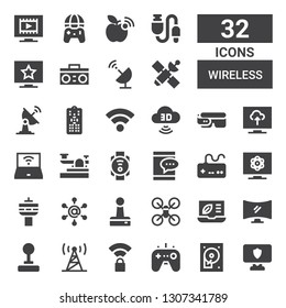 wireless icon set. Collection of 32 filled wireless icons included Personal computer, Hard disc, Gamepad, Wireless, Signal, Joystick, Television, Laptop, Drone, Communication