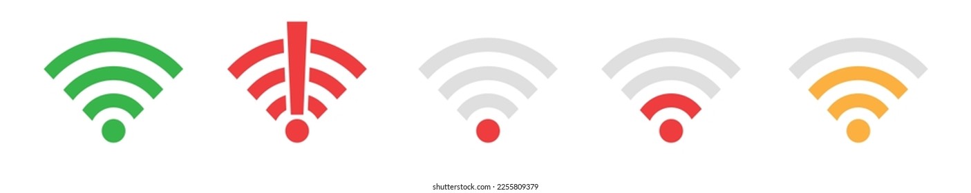 Wireless icon set. No wifi. Different levels of Wi Fi signal. Vector illustration on white background 10 eps.