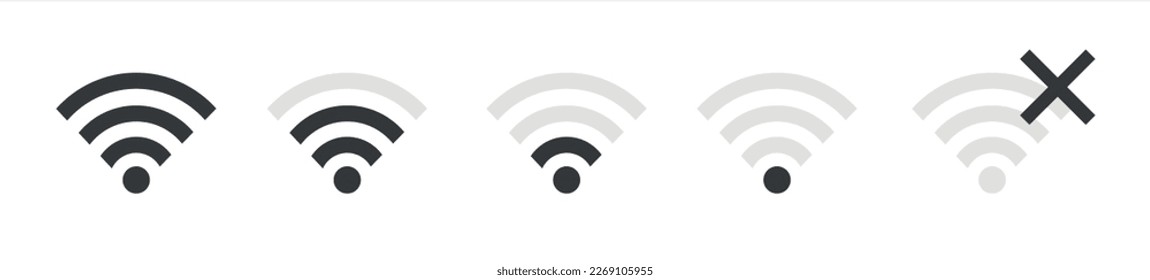 Drahtlose Symbole setzen. Kein WLAN. Unterschiedliche Stufen des Wi-Fi-Signals. Vektorgrafik.