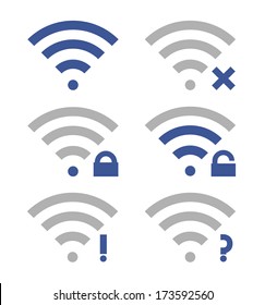 Wireless icon set. WiFi locked. WiFi unlocked. Wifi icon set. Wifi logo. Signal of wifi. Wireless icon offline. Wireless icon online. Blue and gray on white isolated background. Vector illustration.