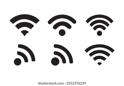 Wireless-Symbol. Wi-Fi-Symbolsatz. Wireless-Technologie des Routers. Kostenlose Wireless-Zone. Öffentliches WiFi-Bereich solides Zeichen.
