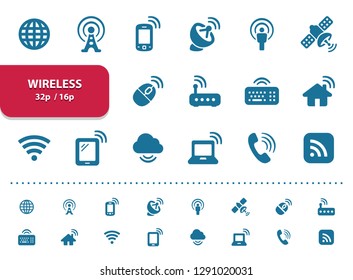 Wireless Icons. Professional, pixel perfect icons, EPS 10 format, optimized for 32p and 16p (2x magnification for preview).