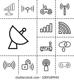 Wireless icons. set of 13 editable outline wireless icons such as signal tower, joystick, satellite, signal, download cloud, router
