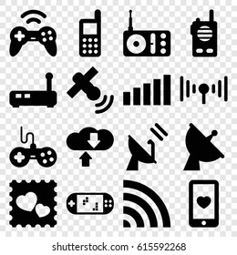 Wireless icons set. set of 16 wireless filled icons such as joystick, phone, heart mobile, photo with heart, satellite, radio, wi-fi, signal, portable game console