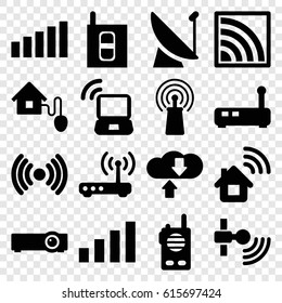 Wireless icons set. set of 16 wireless filled icons such as signal, wi-fi, smart home, router, intercom, laptop signal, walkie talkie, home connection, download cloud