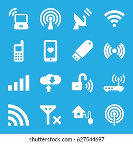 Wireless icons set. set of 16 wireless filled icons such as phone, heart mobile, wi-fi, flash drive, smart home, opened security lock, router, laptop signal, signal, satellite