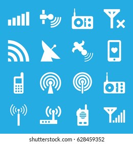 Wireless icons set. set of 16 wireless filled icons such as signal tower, satellite, phone, heart mobile, radio, wi-fi, signal, router