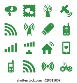 Wireless icons set. set of 16 wireless filled icons such as joystick, phone, signal, heart mobile, photo with heart, wi-fi, flash drive, satellite, house signal, walkie talkie