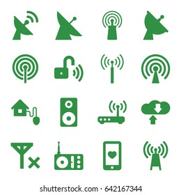 Wireless icons set. set of 16 wireless filled icons such as signal tower, satellite, heart mobile, radio, signal, loudspeaker, smart home, opened security lock, router