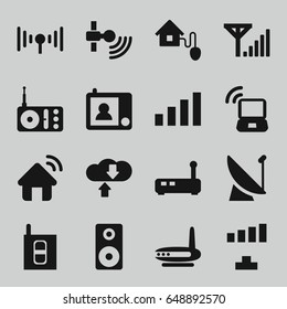 Wireless icons set. set of 16 wireless filled icons such as signal, radio, loudspeaker, smart home, intercom, laptop signal, download cloud, router