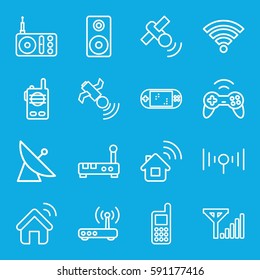 wireless icons set. Set of 16 wireless outline icons such as satellite, phone, radio, loudspeaker, signal, router, wi-fi, joystick, house signal, portable game console