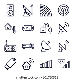 wireless icons set. Set of 16 wireless outline icons such as satellite, radio, flash drive, loudspeaker, smart home, opened security lock, signal, portable game console