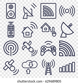 Wireless icons set. set of 16 wireless outline icons such as satellite, wi-fi, loudspeaker, smart home, signal, remote control, joystick, home connection, transmitter
