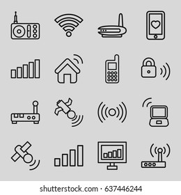 Wireless icons set. set of 16 wireless outline icons such as phone, signal, heart mobile, radio, satellite, security lock, wi-fi, laptop signal, house signal