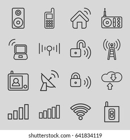Wireless icons set. set of 16 wireless outline icons such as phone, radio, loudspeaker, signal, security lock, opened security lock, intercom, wi-fi, laptop signal, satellite