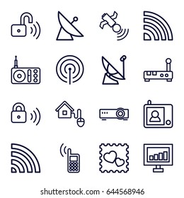 Wireless icons set. set of 16 wireless outline icons such as satellite, signal, photo with heart, radio, wi-fi, smart home, security lock, opened security lock, intercom