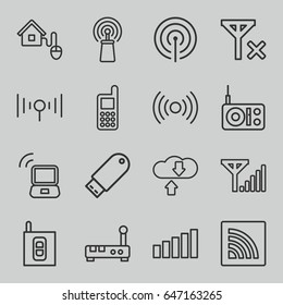 Wireless icons set. set of 16 wireless outline icons such as phone, signal, flash drive, wi-fi, smart home, intercom, laptop signal, download cloud, router