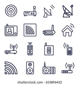 Wireless icons set. set of 16 wireless outline icons such as radio, wi-fi, loudspeaker, router, intercom, phone, signal, satellite, remote control