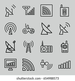 Wireless icons set. set of 16 wireless outline icons such as satellite, joystick, signal, radio, wi-fi, intercom, mobile signal, walkie talkie