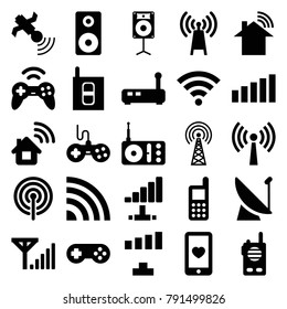 Wireless icons. set of 25 editable filled wireless icons such as joystick, phone, signal, home connection, transmitter, heart mobile, radio, satellite, router, loudspeaker