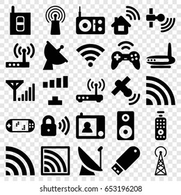 Wireless icons set. set of 25 wireless filled icons such as signal tower, signal, satellite, wi-fi, flash drive, loudspeaker, security lock, router, intercom, remote control