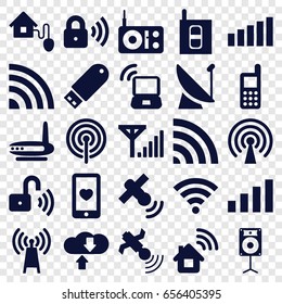 Wireless icons set. set of 25 wireless filled icons such as phone, heart mobile, wi-fi, satellite, flash drive, loudspeaker, smart home, security lock, opened security lock
