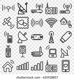 Wireless icons set. set of 25 wireless outline icons such as signal tower, heart mobile, photo with heart, satellite, radio, flash drive, loudspeaker, signal, smart home