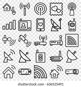 Wireless icons set. set of 25 wireless outline icons such as signal tower, satellite, heart mobile, photo with heart, signal, wi-fi, smart home, router, intercom, house signal