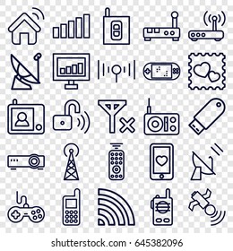 Wireless icons set. set of 25 wireless outline icons such as signal tower, joystick, phone, signal, heart mobile, photo with heart, wi-fi, satellite, flash drive