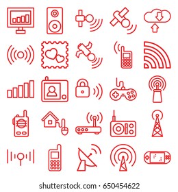 Wireless icons set. set of 25 wireless outline icons such as signal tower, joystick, phone, signal, photo with heart, wi-fi, satellite, loudspeaker, smart home, security lock