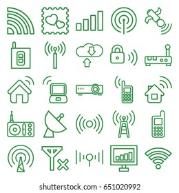 Wireless icons set. set of 25 wireless outline icons such as signal tower, phone, signal, photo with heart, satellite, radio, security lock, intercom, wi-fi, router
