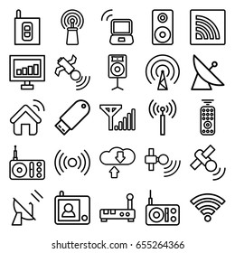 Wireless icons set. set of 25 wireless outline icons such as signal tower, satellite, signal, radio, flash drive, wi-fi, loudspeaker, intercom, remote control, download cloud