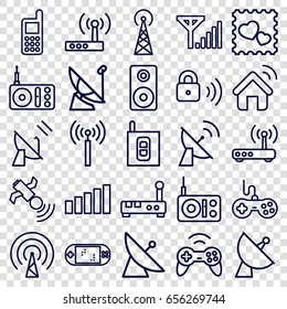 Wireless icons set. set of 25 wireless outline icons such as signal tower, satellite, joystick, phone, photo with heart, radio, loudspeaker, security lock, router, intercom