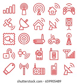 Wireless icons set. set of 25 wireless outline icons such as signal tower, joystick, phone, photo with heart, satellite, radio, signal, flash drive, loudspeaker