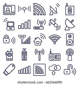 Wireless icons set. set of 25 wireless outline icons such as signal tower, satellite, signal, wi-fi, flash drive, loudspeaker, security lock, opened security lock, intercom