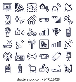 Wireless icons set. set of 36 wireless outline icons such as signal tower, joystick, phone, signal, photo with heart, satellite, radio, flash drive, wi-fi, loudspeaker