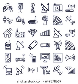 Wireless icons set. set of 36 wireless outline icons such as signal tower, satellite, signal, radio, wi-fi, flash drive, loudspeaker, smart home, router, intercom, phone