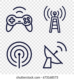 Wireless icons set. set of 4 wireless outline icons such as signal, satellite, joystick