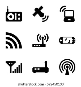 wireless icons set. Set of 9 wireless filled icons such as wi-fi, laptop signal, satellite, signal, portable game console, router, mobile signal