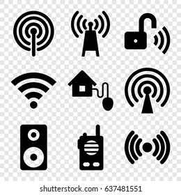 Wireless icons set. set of 9 wireless filled icons such as loudspeaker, smart home, opened security lock, wi-fi, signal, walkie talkie